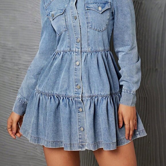 Light Wash Casual Women's long sleeved Waist-Cinching Denim Mini Dress - Picture 4 of 5